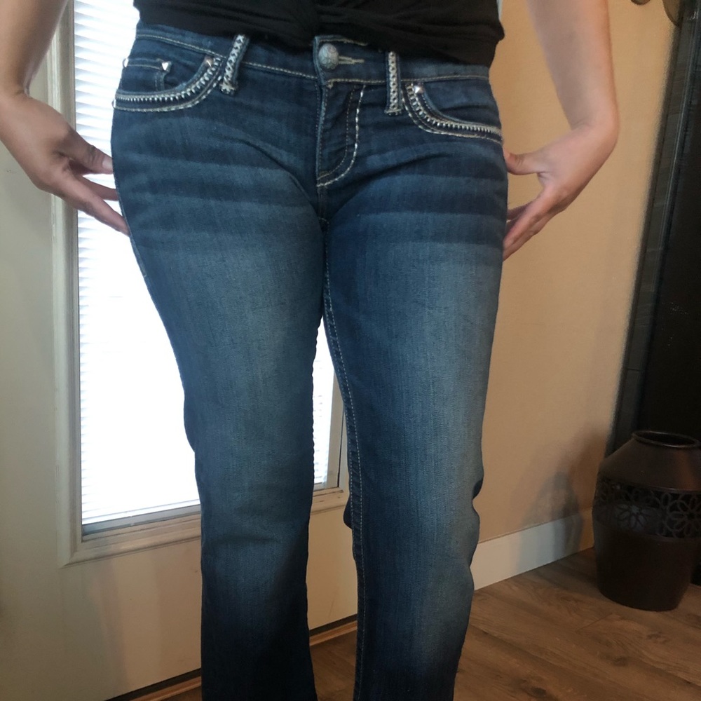 Buckle Store blue jeans, low rise, wide leg